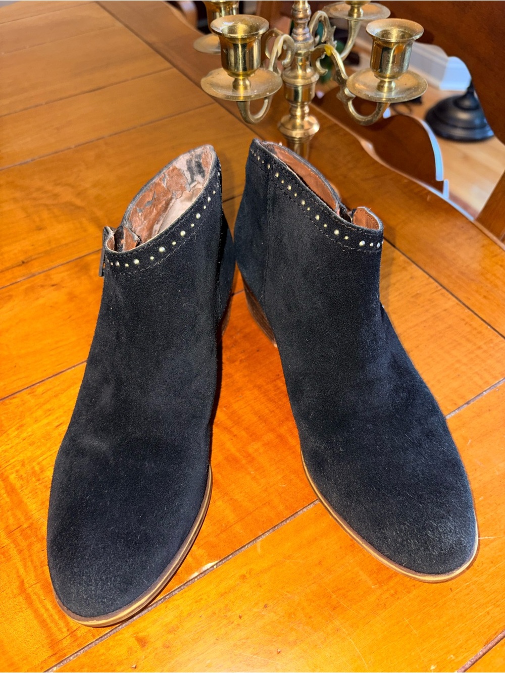 Lucky Black Suede Ankle Boots with Stud Trim